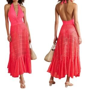 PATBO Crochet Beach Dress Halterneck  Neon Coral Resort Influencer Medium NWT
